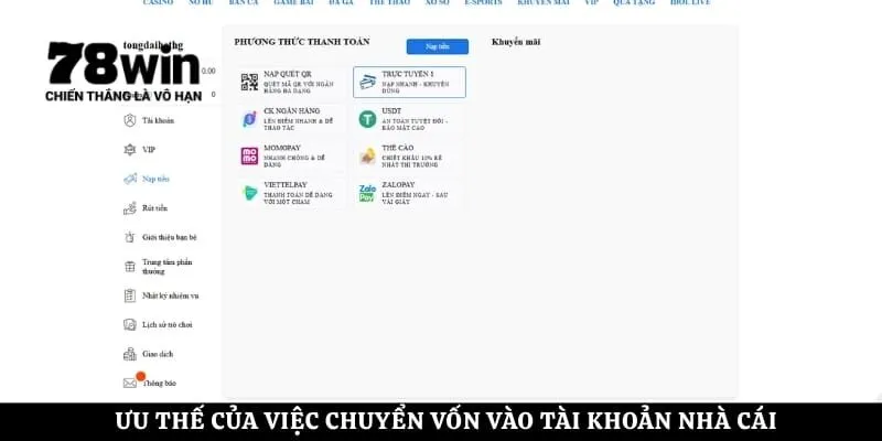 Ưu thế của việc chuyển vốn vào tài khoản nhà cái